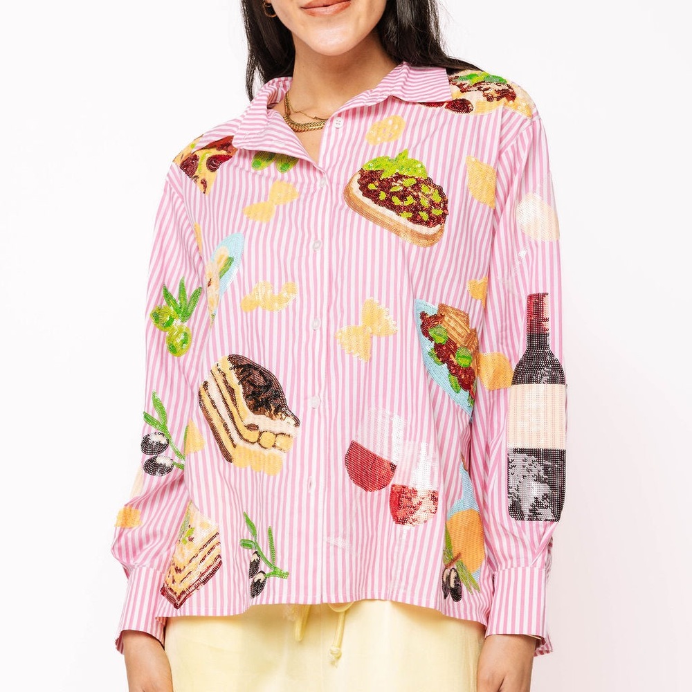QUEEN OF SPARKLES Pink and White Food Print Button Down Shirt